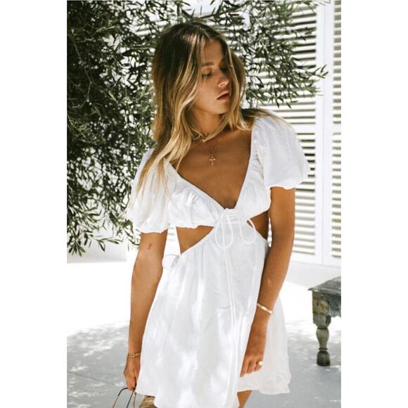 SABO Eilish White Floral Embroidered Cutout Puff Short Sleeve Mini Dress Size XS - Picture 3 of 6
